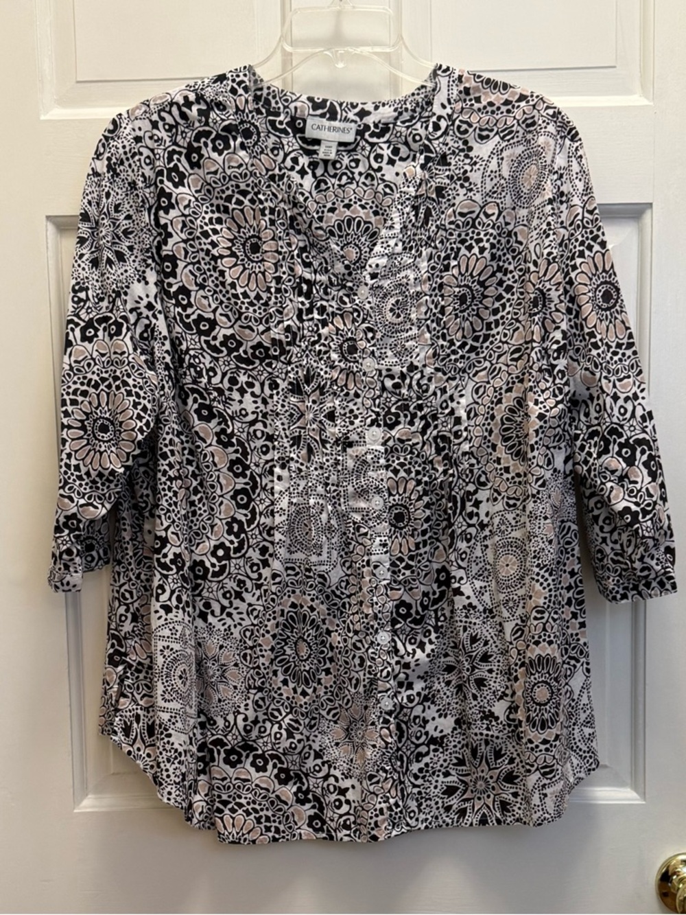 Catherines Black & Blush Mandala Print Button-Front Top 3/4 Sleeve Cotton 1XWP